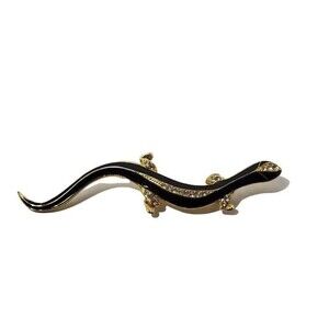 Gold tone black enamel crystal rhinestone salamander gecko brooch